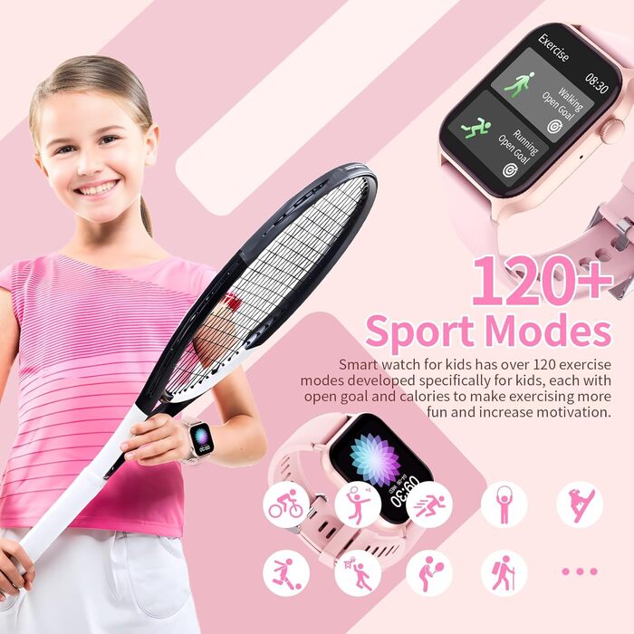 Дитячий розумний годинник Kinderuhr: фітнес-трекер з пульсометром, лічильником кроків, будильником, IP68, водонепроникний, для хлопчиків та дівчаток, рожевий