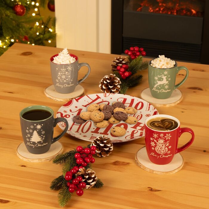 4 чашки для кави Com-Four® з кераміки, 250 мл, святковий дизайн (червоний/сірий/зелений/синій)