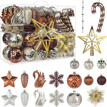 Набір прикрас для ялинки Alupssuc 128 шт. - ялинкові кулі, квіти, орнаменти, червоно-золотий (шампань, коричневий)