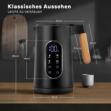 Електричний чайник VORSCH з нержавіючої сталі, 1,7 л, 2200 Вт, регулювання температури, підтримання тепла, захист від сухого кипіння, LCD-дисплей, поворотна база 360°, подвійні стінки, BPA-free, чорний з дерев'яною ручкою