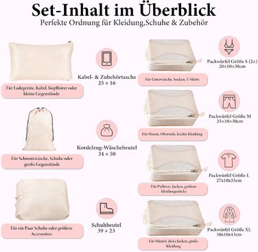 Органайзер для валізи KiwiPower, 8 шт. – комплект кубів для компресії, водонепроникні сумки для одягу для подорожей, ручної поклажі та рюкзаків (Бежевий)