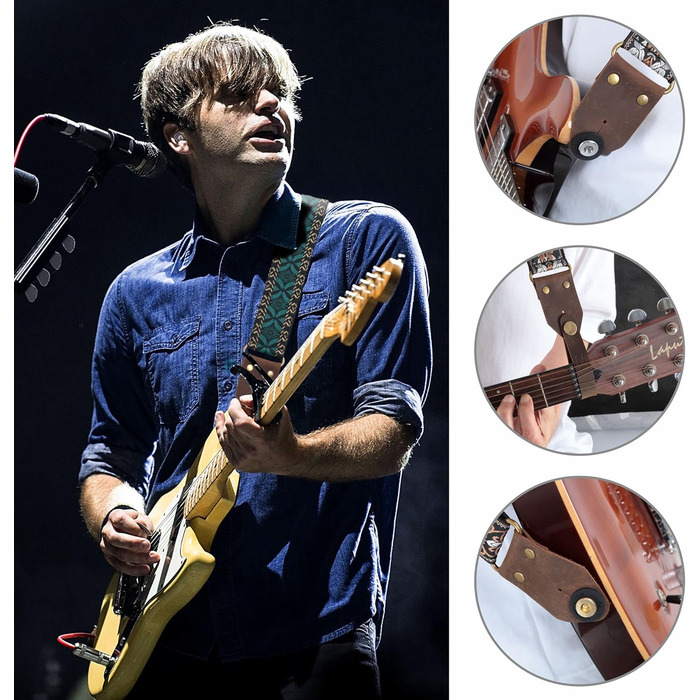 Гітарний ремінь Nefelibata з вишивкою, бавовна з дзеркальним краєм з Crazy Horse шкіри, для бас-гітари, електро- та акустичної, подарунок для дітей та гітаристів (вишивка зелена)