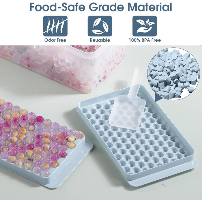 Mini ice cube trays for freezer, 5 pack, small ice cube mold with lid and trash can, 104x5 pieces, tiny crushed ice cube mold, round ice cube mold, coffee juice, Blue