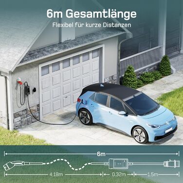 Зарядна станція для електромобілів Dé Mobile 11 кВт (6 м) з регулюванням потужності, кабель CEE 16A на Typ 2, сумісна з Model Y/3, ID.3/4/5, MG4, EX30, e-up, e-tron та BEV/PHEV