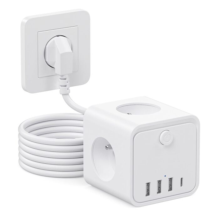 Мережевий фільтр (подовжувач) 7 в 1 з USB-портами, 3 розетки, з вимикачем, кабель 2м, білий — для дому та офісу