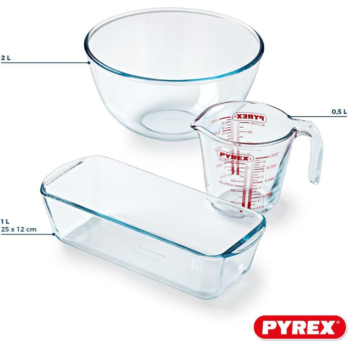Pyrex 3-Piece Baking Set – 1 x 0.5 L Measuring Cup + 1 x 2 L Mixing Bowl + Cake Pan – Borosilicate Glass – Scratch-Resistant