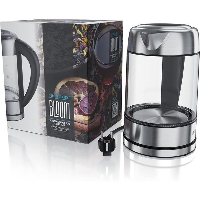 Електричний чайник Arendo з нержавіючої сталі та скла з регулюванням температури - 1,7л, налаштування температури 40°C, 70°C, 80°C, 90°C, 100°C, функція підтримання тепла, 3 хв. нагрів, BPA-free, RGB підсвічування