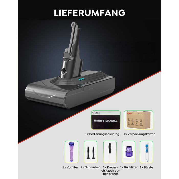 Акумулятор FLYLINKTECH 8.0Ah V8 для пилососів Dyson V8 Absolute/Animal/Fluffy/Motorhead SV10 з 2+1 фільтрами та 4 шурупами