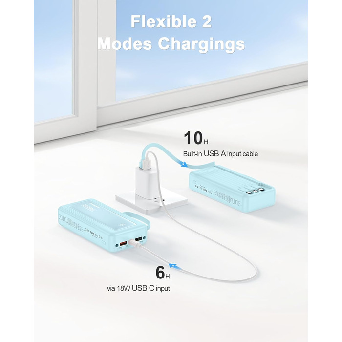 Power Bank 20000mAh, 22.5W, 6 виходів, 2 входи, LED дисплей, сумісний з iPhone, Samsung, Pixel, блакитний