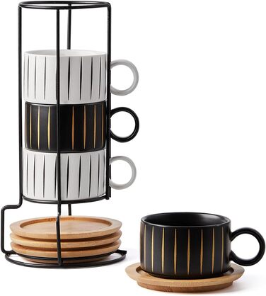 Набір кавових чашок Cappuccino HOME DECOR (4 шт.) 160 мл з підставками та стійкою - 160 мл, кераміка, для еспресо, капучино, лате, Stripe