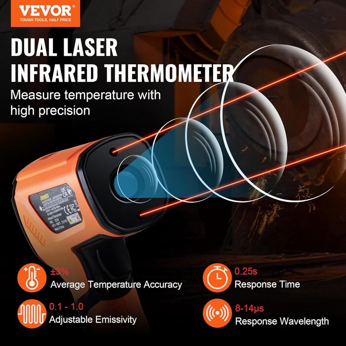 VEVOR Infrared Thermometer IR 50:1 Pyrometer -40°C to 1500°C Laser Temperature Meter 180x120x60mm Temperature Measuring Device Not a Human Body Thermometer for Cooking/Barbecue/Freezer/Industry