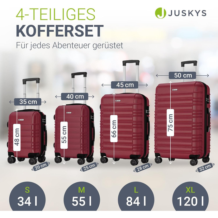 Набір валіз Juskys® Hartschale 4 шт. з кодовим замком, тихі колеса 360°, телескопічна ручка, легкі - червоний колір