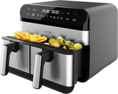 Cecotec Digital Hot Air Fryer with 9L - Cecofry Advance 9000 Inox Air Fryer. 2800W, 2 Containers, 4.5L, Dual Temperature, adjustable from 80-200 ºC, 7 Programs, Multifunctional Touch Panel Dark Stainless Steel 2 Baskets 4.5 Liters