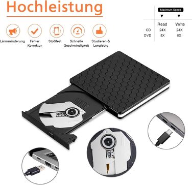 Зовнішній DVD-накопичувач Amicool USB 3.0 та Type-C, портативний CD/DVD +/-RW привід для ноутбука, ПК та MacBook (Windows, macOS, Linux)