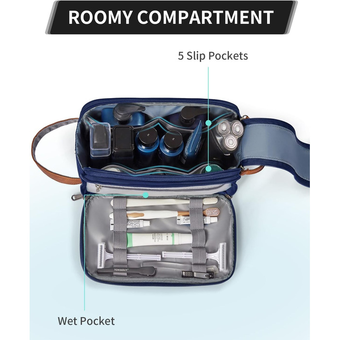 Чоловіча дорожня косметичка ECOHUB, водонепроникна, з відділенням для мокрого одягу, ремінь, з перероблених матеріалів, з двома застібками-блискавками (Синьо-зелений, Темно-синій)