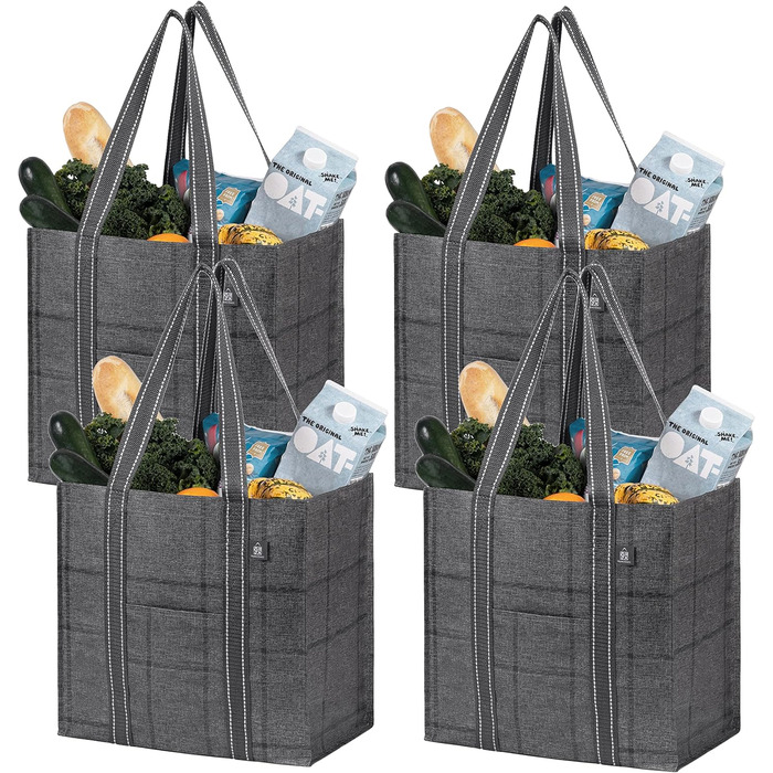 VENO 34 Liter Large Shopping Bag Foldable with Sturdy Bottom and Front Pocket, Reusable Shopping Bags Water-Resistant Shopping Basket for Shopping Picnic (Black Windowpane, 4-Pack)