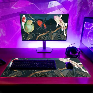 Японський килимок для миші з хвилями океану, великий ігровий килимок з аніме, подовжений килимок на стіл Канагава, товщина 3 мм, неслизька гумова основа, 80 x 30 см (Кої-карп)