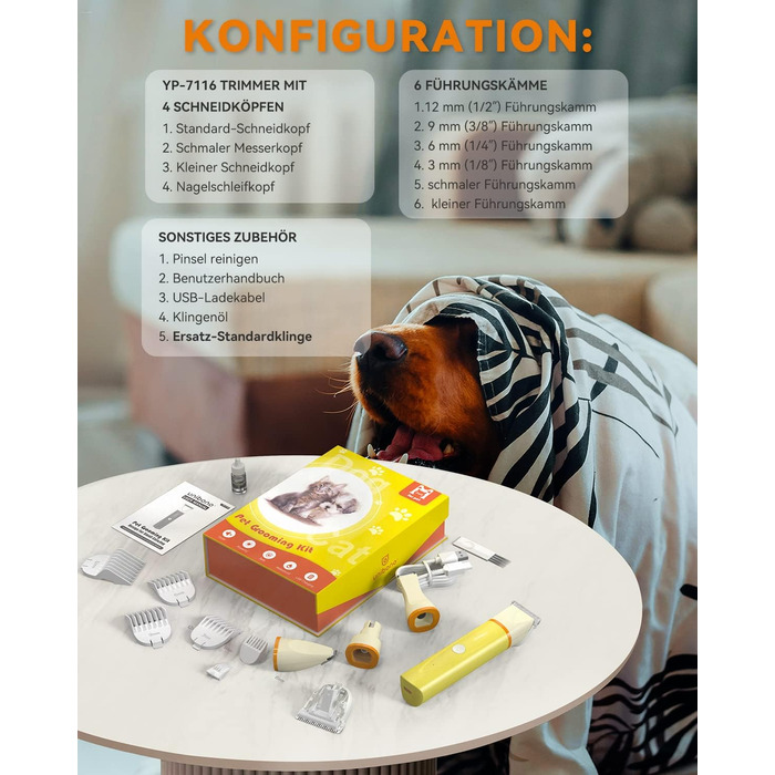 Набір для стрижки собак та котів Leise: акумуляторна машинка з 4 насадками, водонепроникна IPX7, для догляду за мордочкою, вухами, лапами та тілом