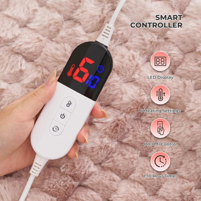 Електричний килим-плед CURECURE з підігрівом 130x180 см, 3D жакард, плюш та фланель, 6 режимів нагріву, таймер 1-10 годин, для ліжка, дивану, офісу (Рожевий)