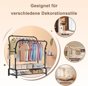 Вішалка для одягу металева подвійна Stabil з 8 гачками та 2 полицями для взуття, чорна – функціональна стійка для спальні