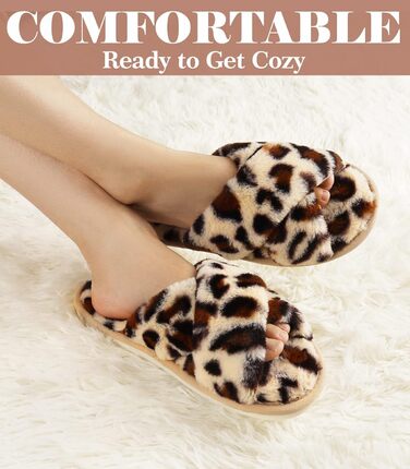 Тапочки халатні жіночі Ankis з плюшу, з перехресними ремінцями, зимові, теплі, з пам'яттю ефекту, з відкритим носком, пухнасті, для дому та вулиці (білі, чорні, сірі, верблюжі), розмір 38/39 EU, з принтом леопарда