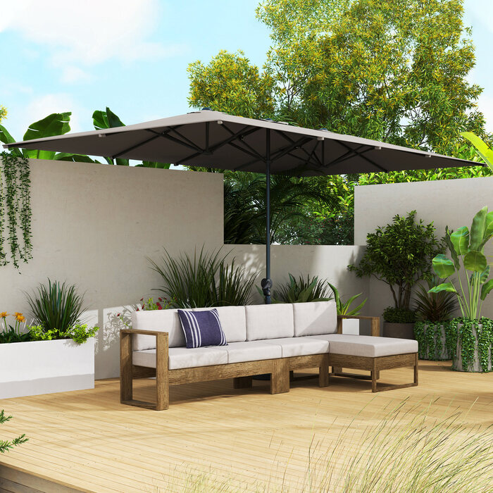 Сонцезахисний парасоль з ручним підйомом Outsunny 451 x 264 см, сонцезахист UV 50+, стійкий до вітру садовий парасоль, парасоль для балкона, парасоль для ринку, захист від сонця для балкона, тераси, саду, темно-сірий | Aosom