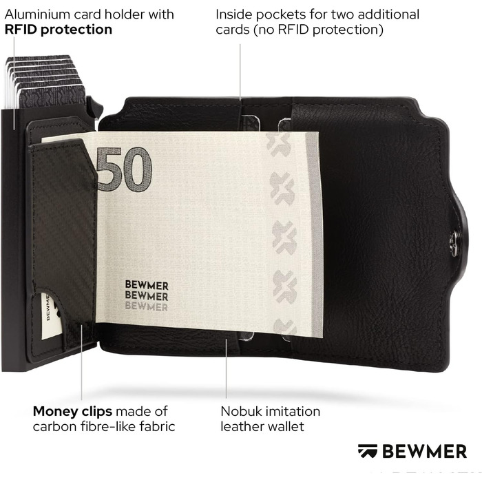 Гаманець-картхолдер BEWMER Premium з RFID-захистом: Чорний шкіряний картхолдер та гаманець для жінок і чоловіків