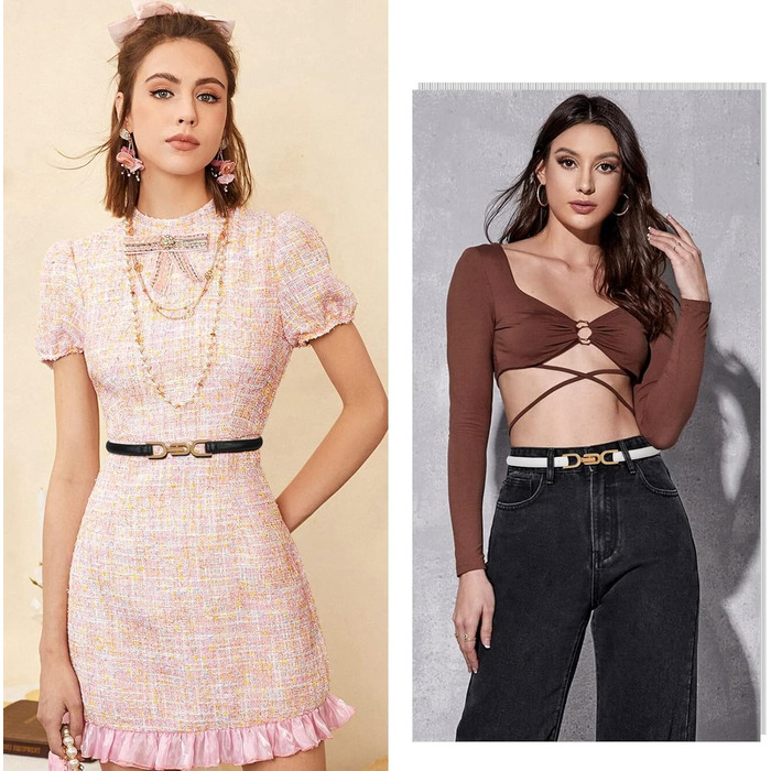 Жіночий тонкий шкіряний ремінь WHIPPY (2 шт.) з золотою пряжкою, 105/120 см, для талії до 95/110 см (чорний+білий)