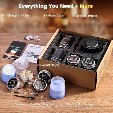Електричний набір для копчення віскі з 2 склянками, 6 смаків дерев'яної стружки, 2 форми для кубиків льоду, для коктейлів Bourbon Old Fashioned, подарунок для чоловіків, батьків, коханих, без бутану
