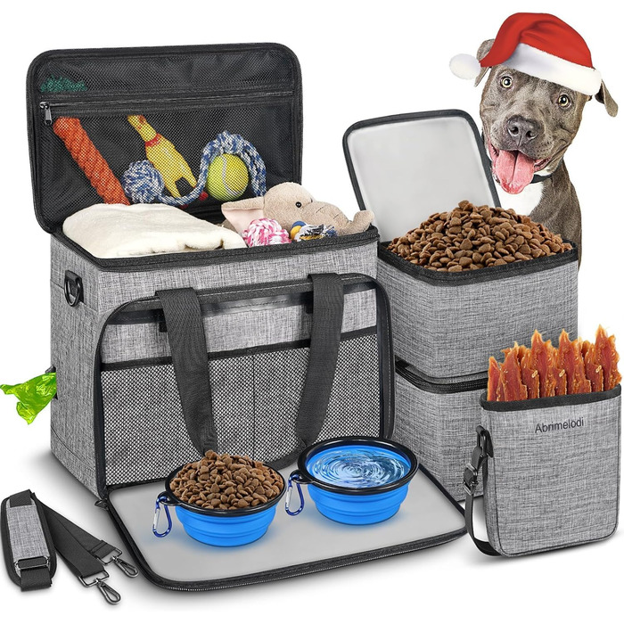 Сумка для собак у подорожі, схвалена авіаперевізниками, сіра сумка-переноска з двома складними мисками та кишенькою для ласощів