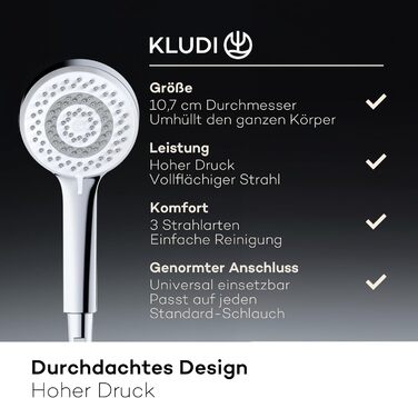 KLUDI-X1 Universal Shower Head with Hose, optional shower spray, water-saving with 3 spray patterns (Body, Hair, Skin), easy-to-clean shower head Ø 10.7 cm, shower hose 1.60 m