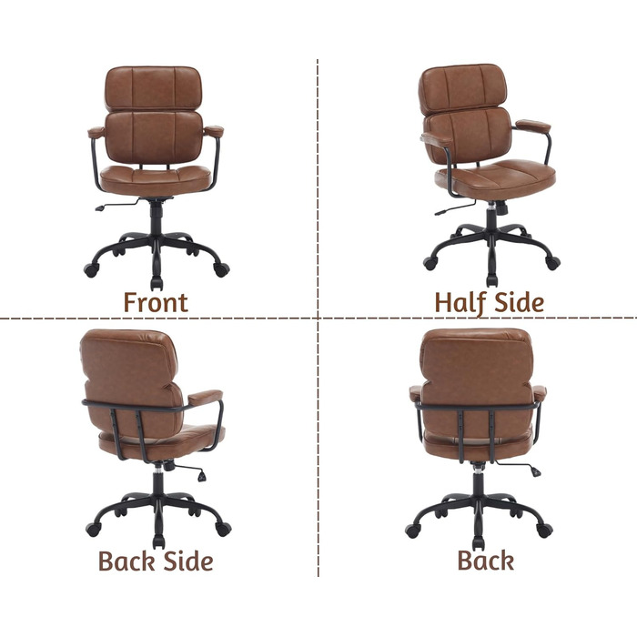 Офісний крісло з штучної шкіри, 360° обертання, регульована висота, ергономічний комп'ютерний стілець з підлокітниками для робочого кабінету/офісу/вітальні, Колір: Коричневий