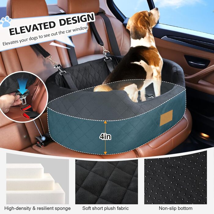 Dog Car Seat for Medium/Large Dogs (Up to 25 kg) or 2 Small Dogs - with Safety Leashes & Washable Cushion - Black Rear Seat Cover