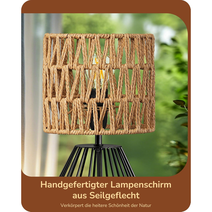 EDISHINE Настільна лампа, сучасний індустріальний дизайн, цоколь E14, вінтажний стиль, для спальні, вітальні, бежево-чорний колір (ротанг + чорний)