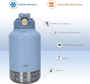GiNT Ізольована пляшка для води з нержавіючої сталі для собак та людей, туристичний набір з мисками та сумкою, не протікає, для прогулянок, походів, кемпінгу, авто (Блакитний)