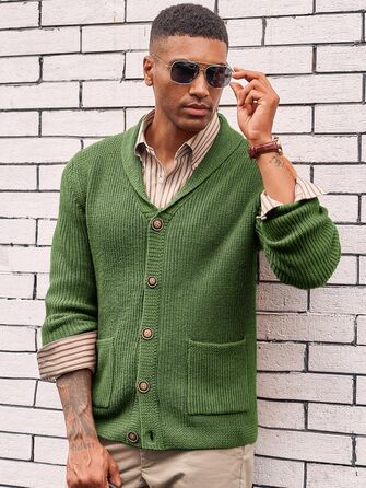 Чоловічий в'язаний кардиган Runcati з коміром-шарфом, візерунок коси, ґудзикова застібка, зимовий, великий, з кишенями (M, Оливковий (Army Green))