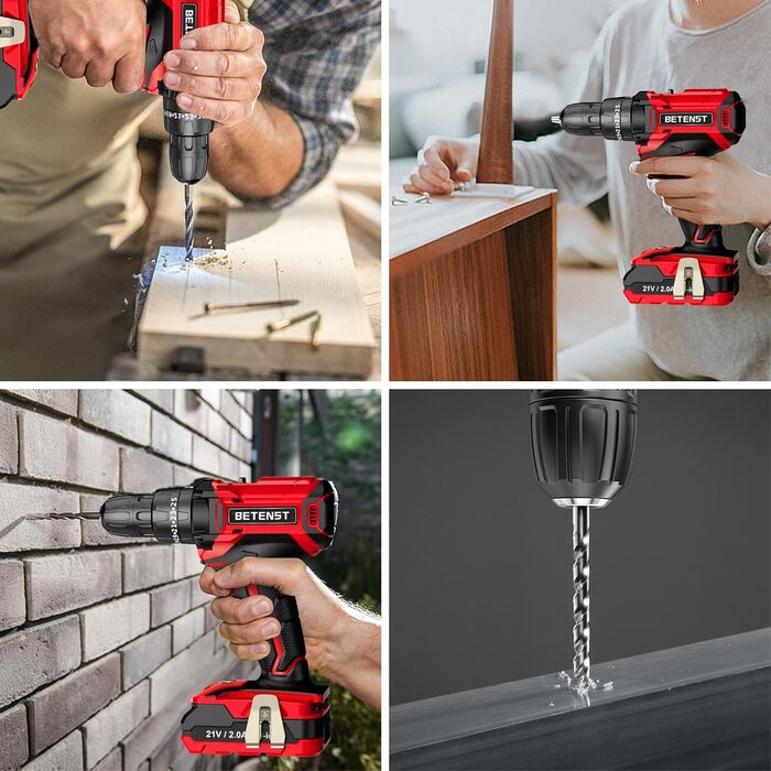 Акумуляторний шуруповерт BETENST 21V: 42Nm, 2 Akku 2.0Ah, 25+3 Drehmomentstufen, 2 швидкості, 10мм патрон, LED, 30шт аксесуарів для дому, саду, DIY