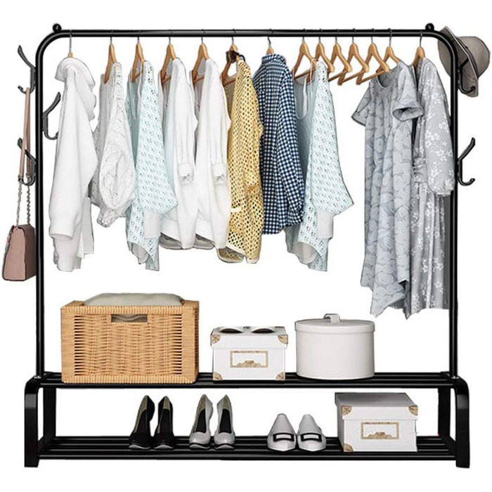 Vinteky Clothing Rack, Freestanding Coat Rack with Upper Bar, Lower Shelf, and 6 Hooks for Hanging Clothes, Black