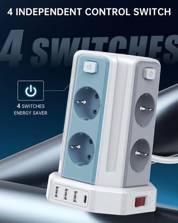 Многорозеткова мережева панель Sameriver з 4 USB, захист від перенапруги, з вимикачем, 8 розеток, 5 м, біла