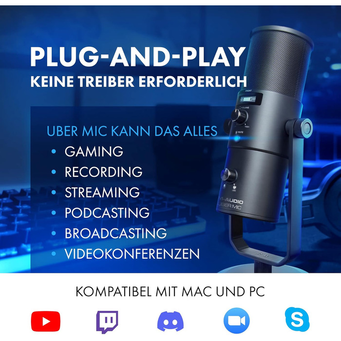 M-Audio Uber Mic - USB конденсаторний мікрофон для геймінгу, стрімінгу, подкастів та студійних записів. 4 характеристики спрямованості, кнопка вимкнення мікрофона, вихід для навушників