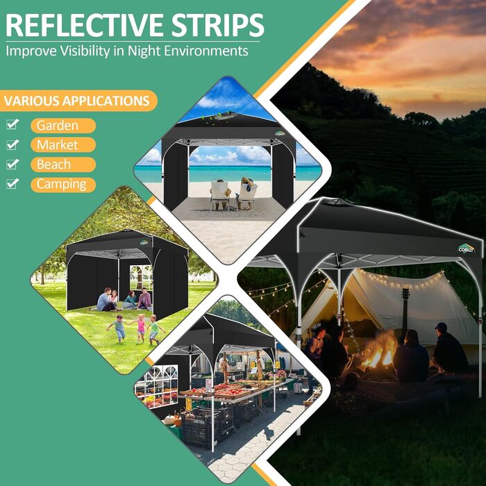 COBIZI Folding Gazebo 3x3, 3x3 Gazebo Waterproof Stable One Push UV Protection Outdoor Party Tent Corrugated Eaves Festival Tent Tent Garden Gazebo Pavilion Folding 3x3m With Carry Bag, (Black, 3x3 with 3 Side Walls)