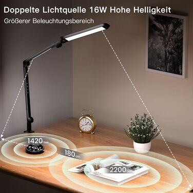 AmazLit Adjustable LED Desk Lamp with Dual Light Source - 12W/16W Dimmable Architect Lamp with Remote Control & Clamp