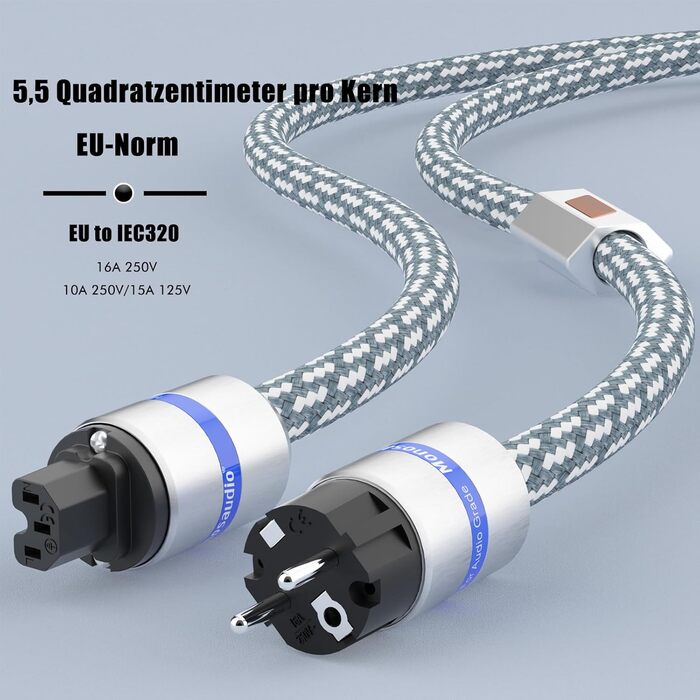 Hi-End мережевий кабель Monosaudio P083 1.5м, мідний екранований OFC Audiophil, 2-полюсний шнур живлення Schuko-IEC C15 для підсилювача, DVD, сабвуфера та декодера