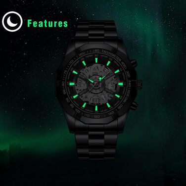 Чоловічий годинник з датою, свідодіодами, 3ATM, водонепроникний, аналоговий кварц, з календарем, тахіметром, з нержавіючої сталі, чорний/срібний (подарунок для чоловіків)