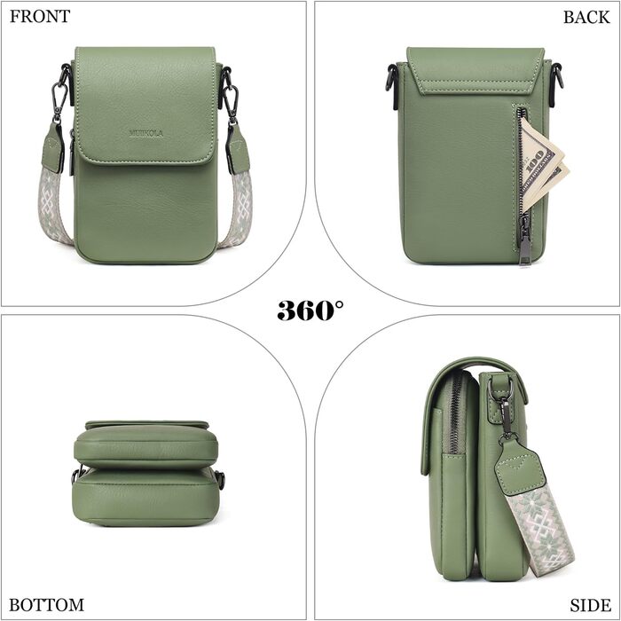 Сумка-органайзер на шию MUIIKOLA з RFID-захистом для телефону, веганська шкіра, зелений світлий. Сумка через плече для жінок з широким ременем та гаманцем.