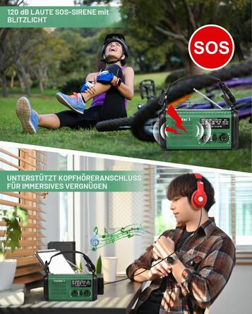 Радіо Kurbelradio 20000mAh сонячне з ручним заводом, AM/FM, SOS, LED-ліхтарик, USB зарядка для телефону, аварійне живлення, зелений