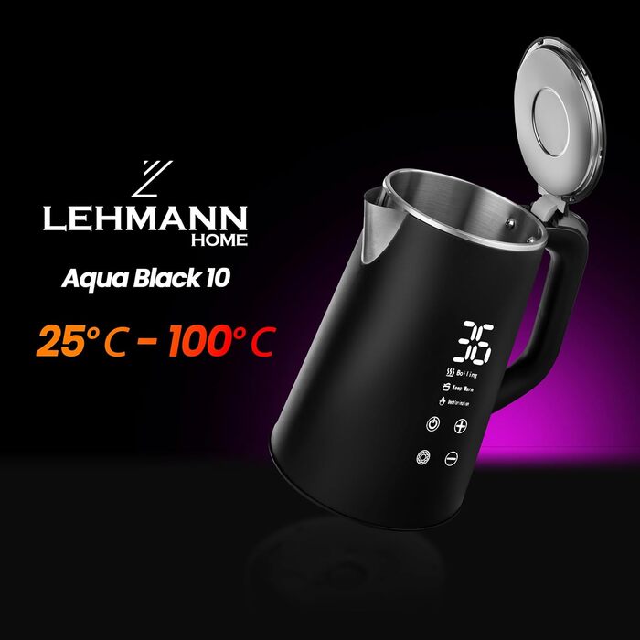Електричний чайник Lehmann LHOEK-1516 з нержавіючої сталі, 1500 Вт, 1.6 л, з індикатором температури, швидке нагрівання, функція підтримки тепла, 360° підставка, чорний матовий
