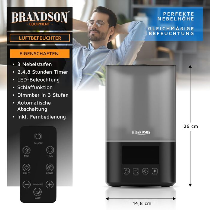 Зволожувач повітря Brandson 2.5л з керуванням від пульта, LED-підсвічуванням RGB та тихим мотором 30dB - для спальні, дитячої, вітальні