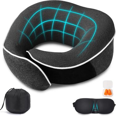 Подушка для шиї Milado для подорожей у літаку, з піною з пам'яті, комплект з масками для очей (темно-сірий)