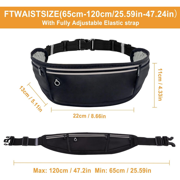 Пояс-сумка для бігу та спорту: водонепроникний пояс з 3 кишенями для телефону (до 18.3 см)